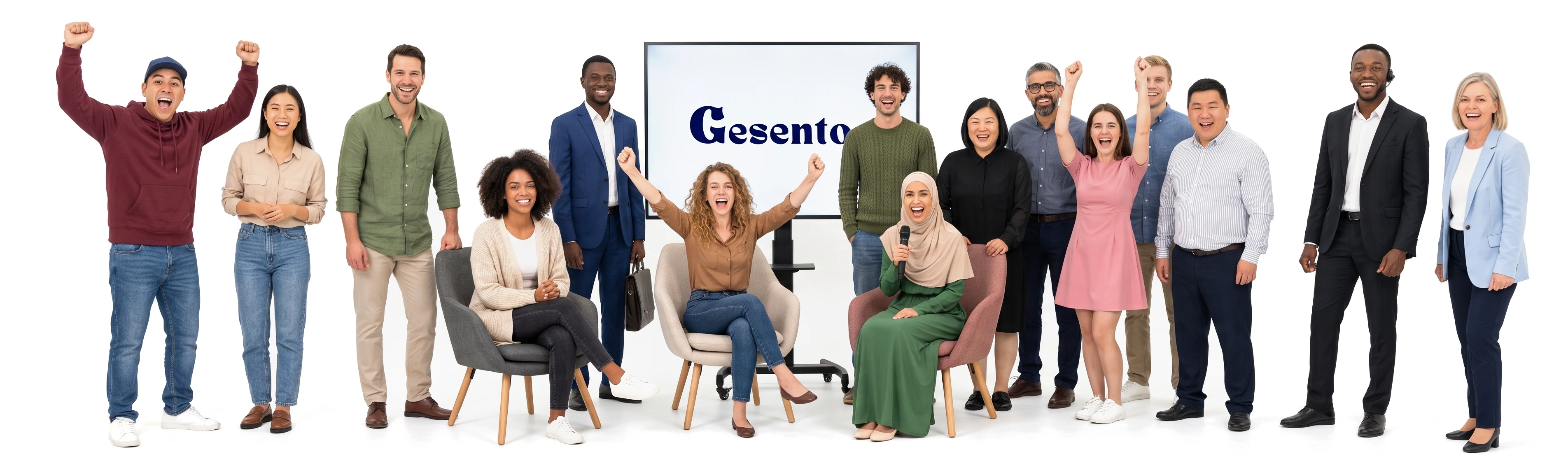 A diverse group of people cheering in front of a screen showing the Gesento logo